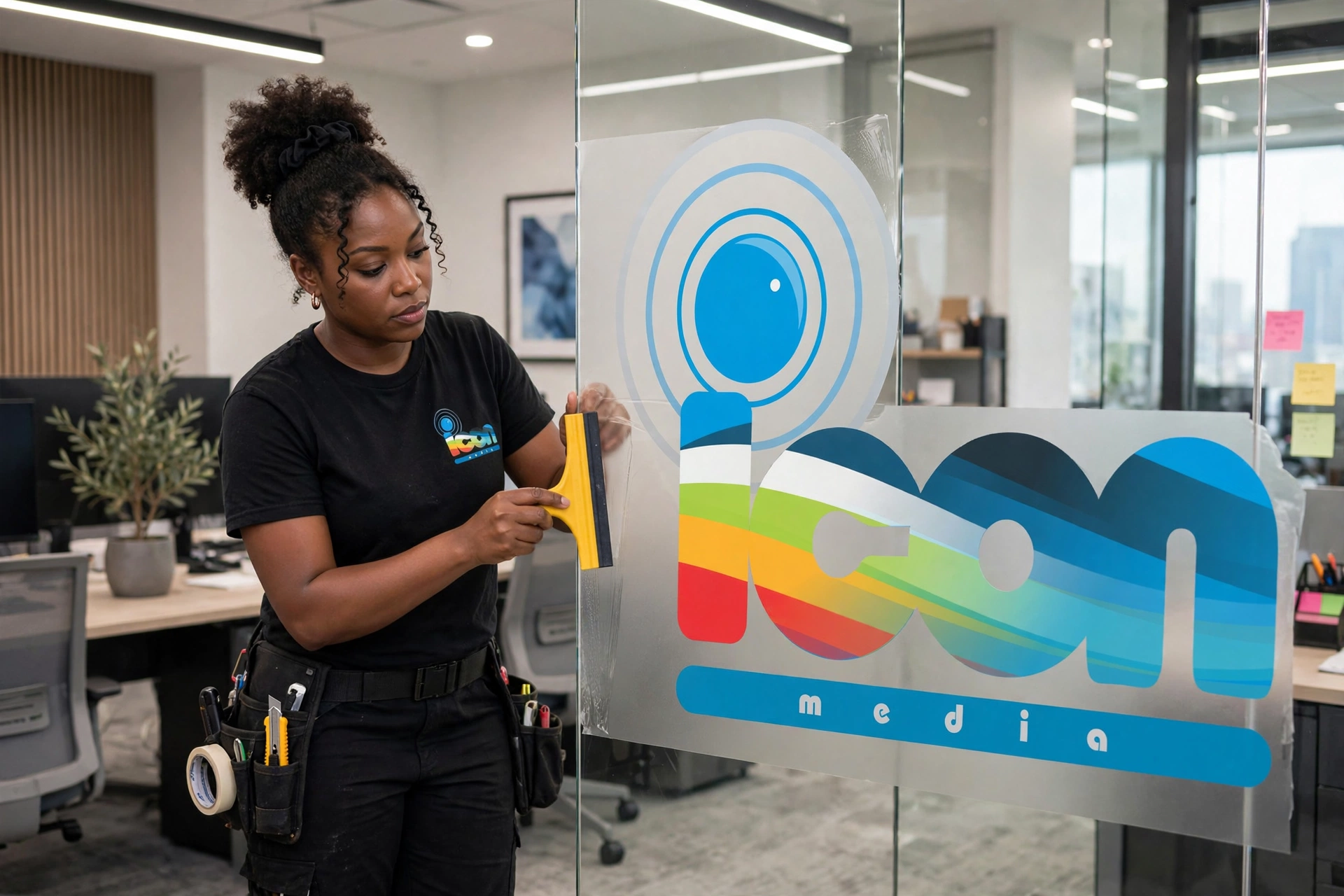 Applying window vinyl branding to an office glass wall